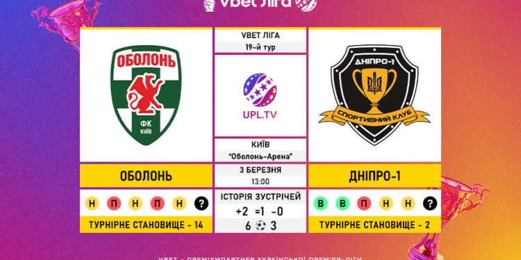 Матч 19-го туру VBET Ліги  “Оболонь” — “Дніпро-1”: статистичне прев’ю