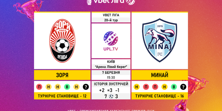 Матч 20-го туру VBET Ліги “Зоря” — “Минай”: статистичне прев’ю