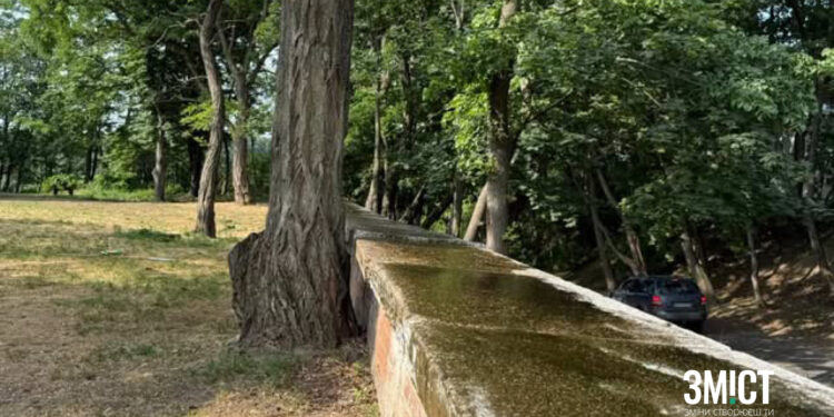 Мастилом змастили паркан у парку де сидять люди – ПОЛТАВА СЬОГОДНІ