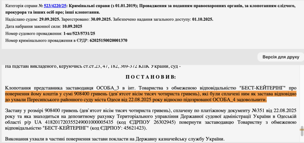 Ухвала суду про повернення застави
