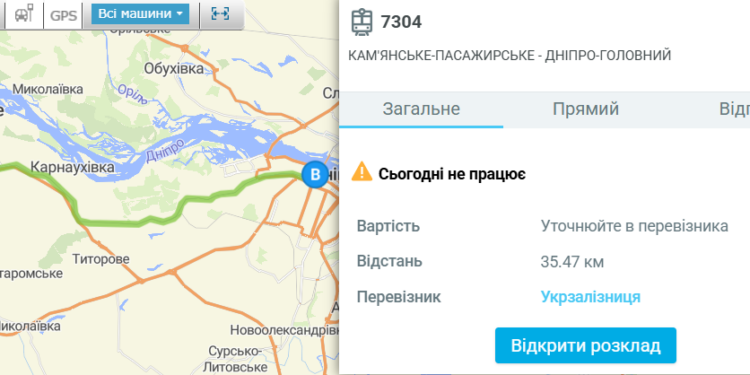 Електричка 7304 Дніпро – Електричка 7304 у Дніпрі (Кам’янське-пасажирське – Дніпро-Головний): розклад і схема руху